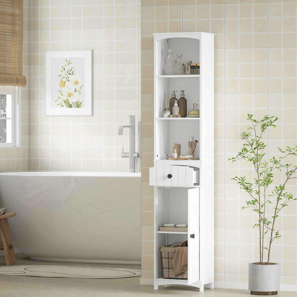 Bathroom cabinet, tall cabinet with 3 shelves, 1 drawer, bathroom cabinet, bathroom shelf, bathroom cabinet, bathroom furniture, white, 34x24x170.5cm
