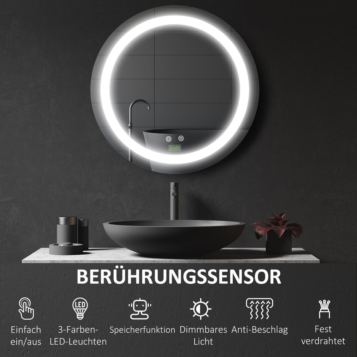 Bathroom mirror, Ø50 cm IP44, bathroom mirror with LED lighting, touch function, memory function, anti-fog