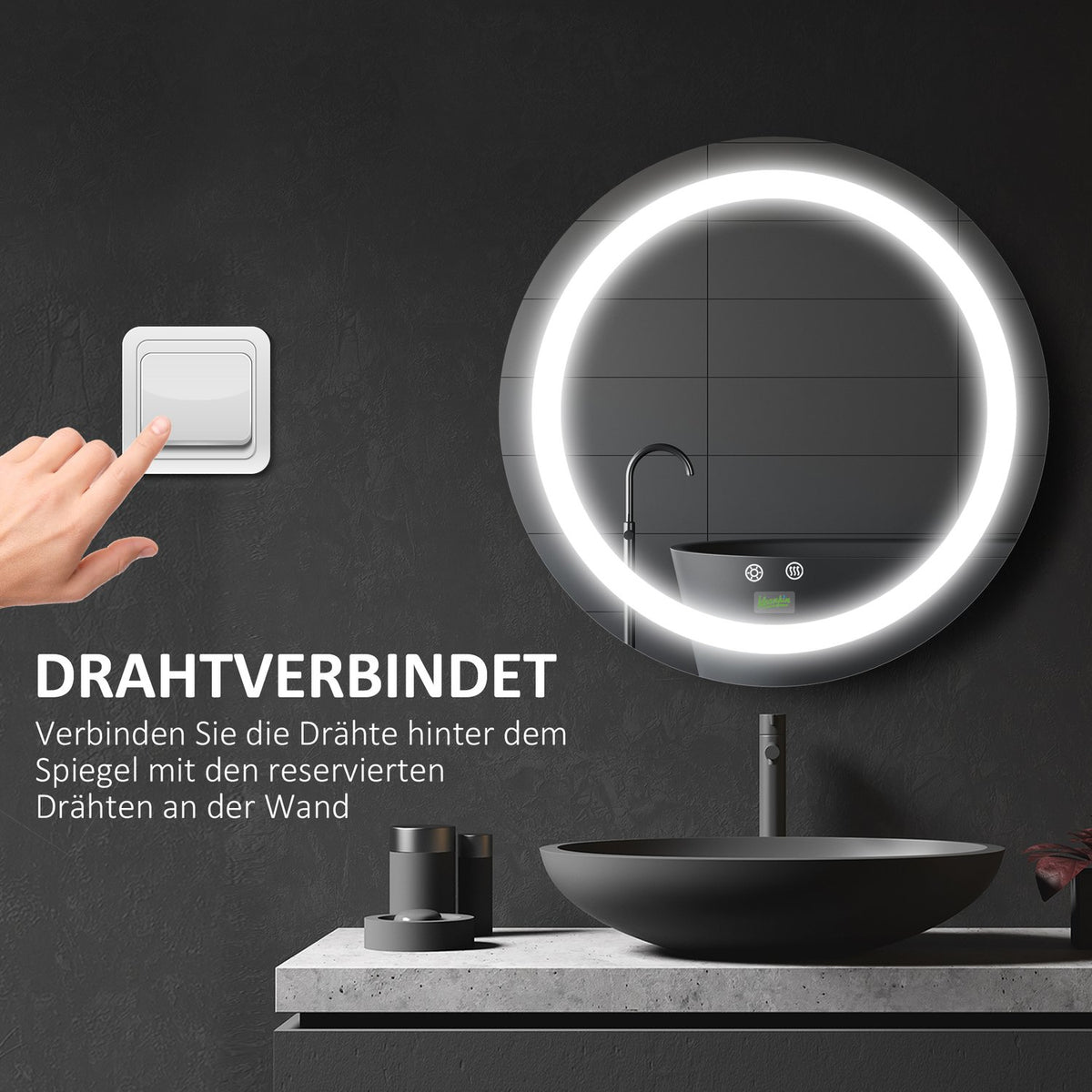 Bathroom mirror, Ø50 cm IP44, bathroom mirror with LED lighting, touch function, memory function, anti-fog