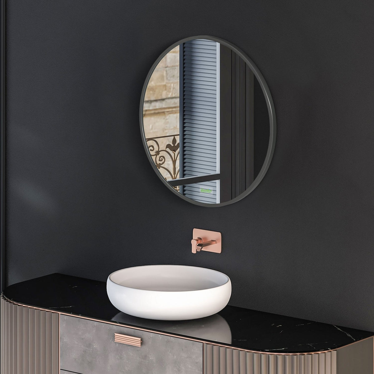 Bathroom mirror, round mirror, bathroom mirror with aluminum frame, Ø50 cm wall mirror for living room, bedroom, bathroom, IP44, black