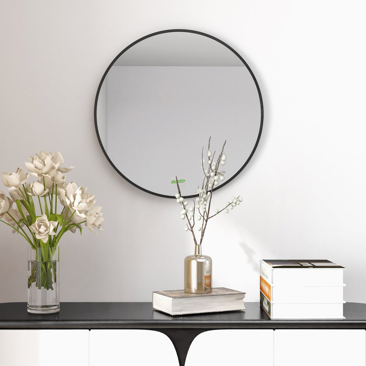 Bathroom mirror, round mirror, bathroom mirror with aluminum frame, Ø50 cm wall mirror for living room, bedroom, bathroom, IP44, black