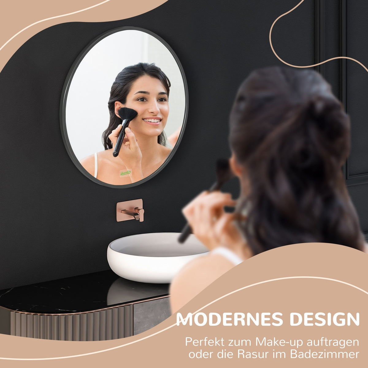 Bathroom mirror, round mirror, bathroom mirror with aluminum frame, Ø50 cm wall mirror for living room, bedroom, bathroom, IP44, black