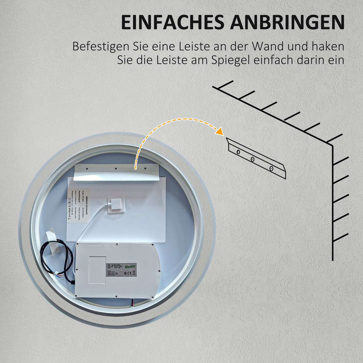 Bathroom mirror with LED lighting, Ø 60 cm Illuminated mirror with touch function, memory function, anti-fog with aluminum frame