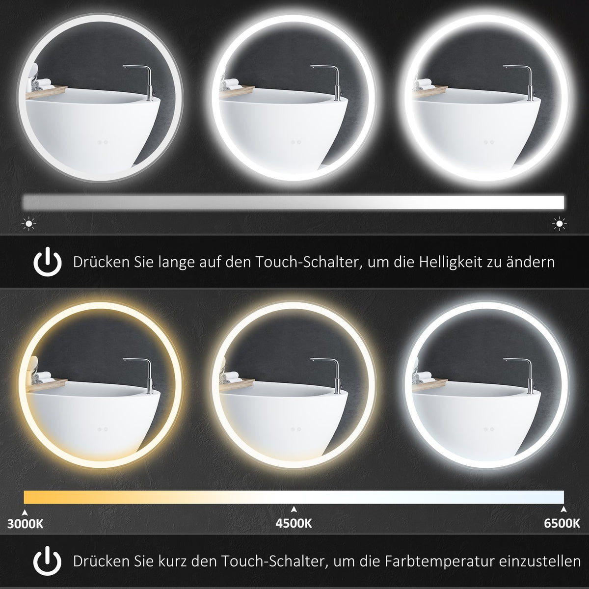 Bathroom mirror with LED lighting, Ø 60 cm Illuminated mirror with touch function, memory function, anti-fog with aluminum frame