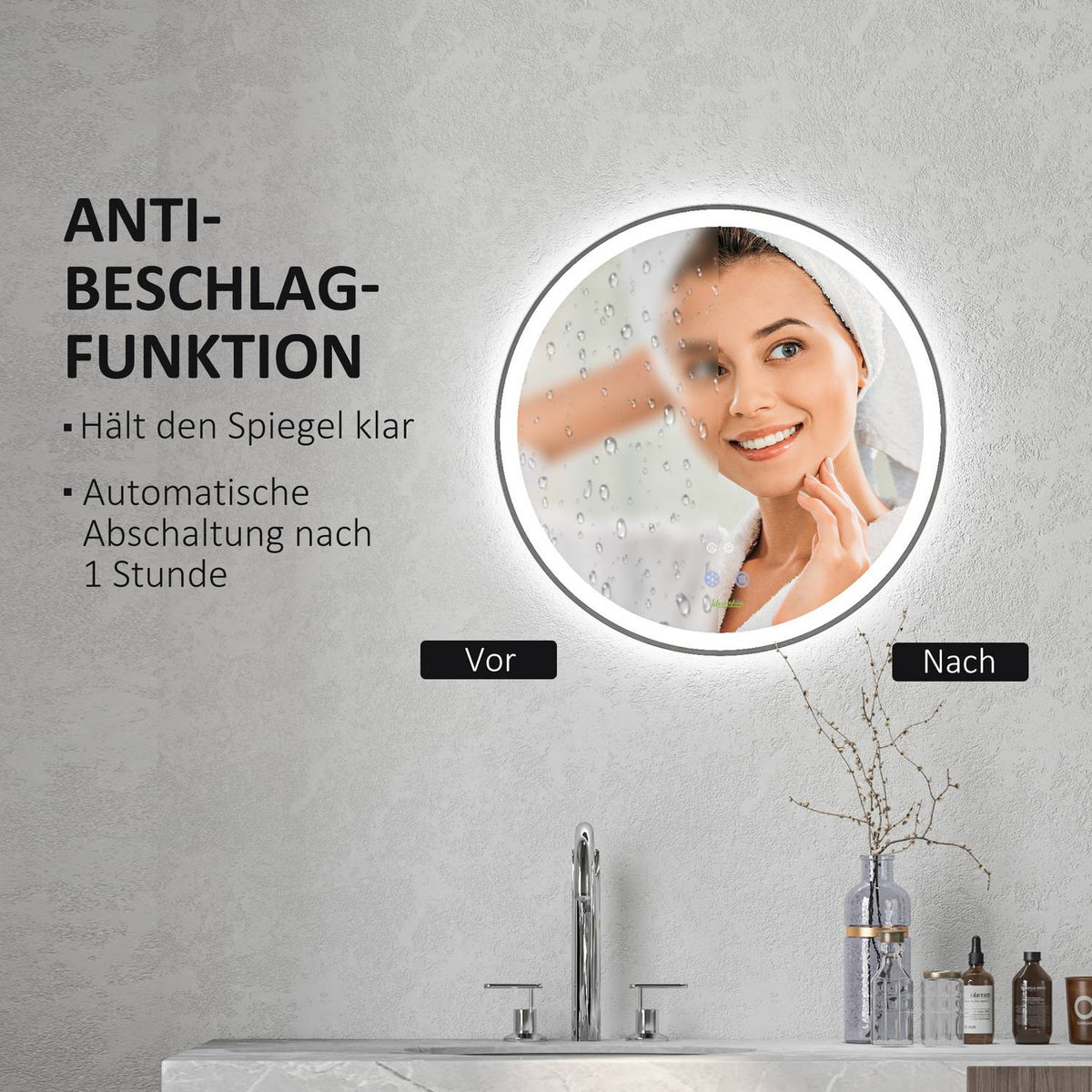 Bathroom mirror with LED lighting, Ø 60 cm Illuminated mirror with touch function, memory function, anti-fog with aluminum frame