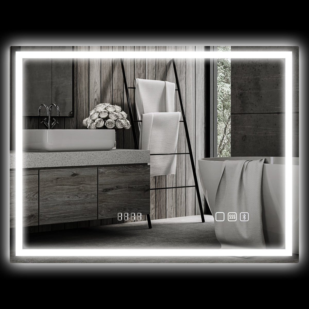 Bathroom mirror with LED lighting, anti-fog pad, 3 adjustable colors, clock, 600 x 800 mm, silver