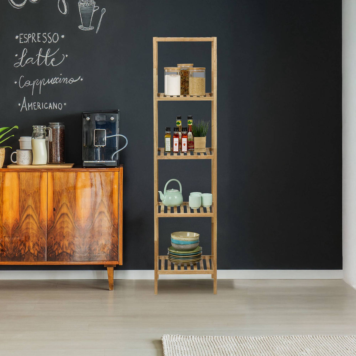 Bathroom shelf in walnut with open shelves