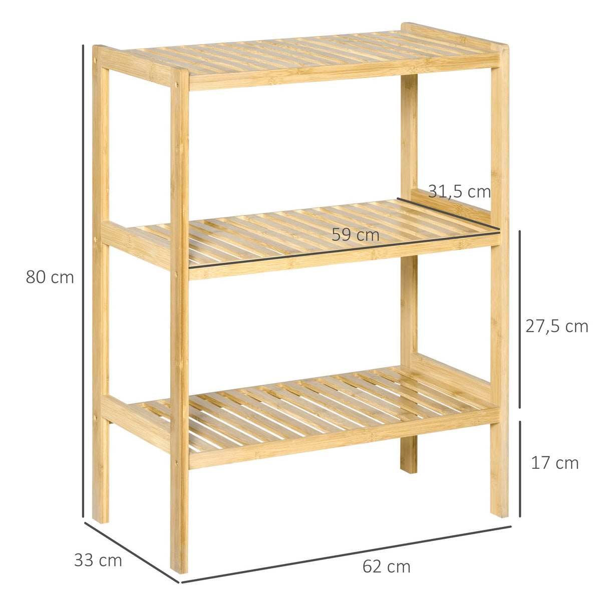 Bathroom shelf, standing shelf with 3 levels, bamboo shelf, kitchen shelf, for bathroom, kitchen, living room, hallway, natural, 62 x 33 x 80 cm