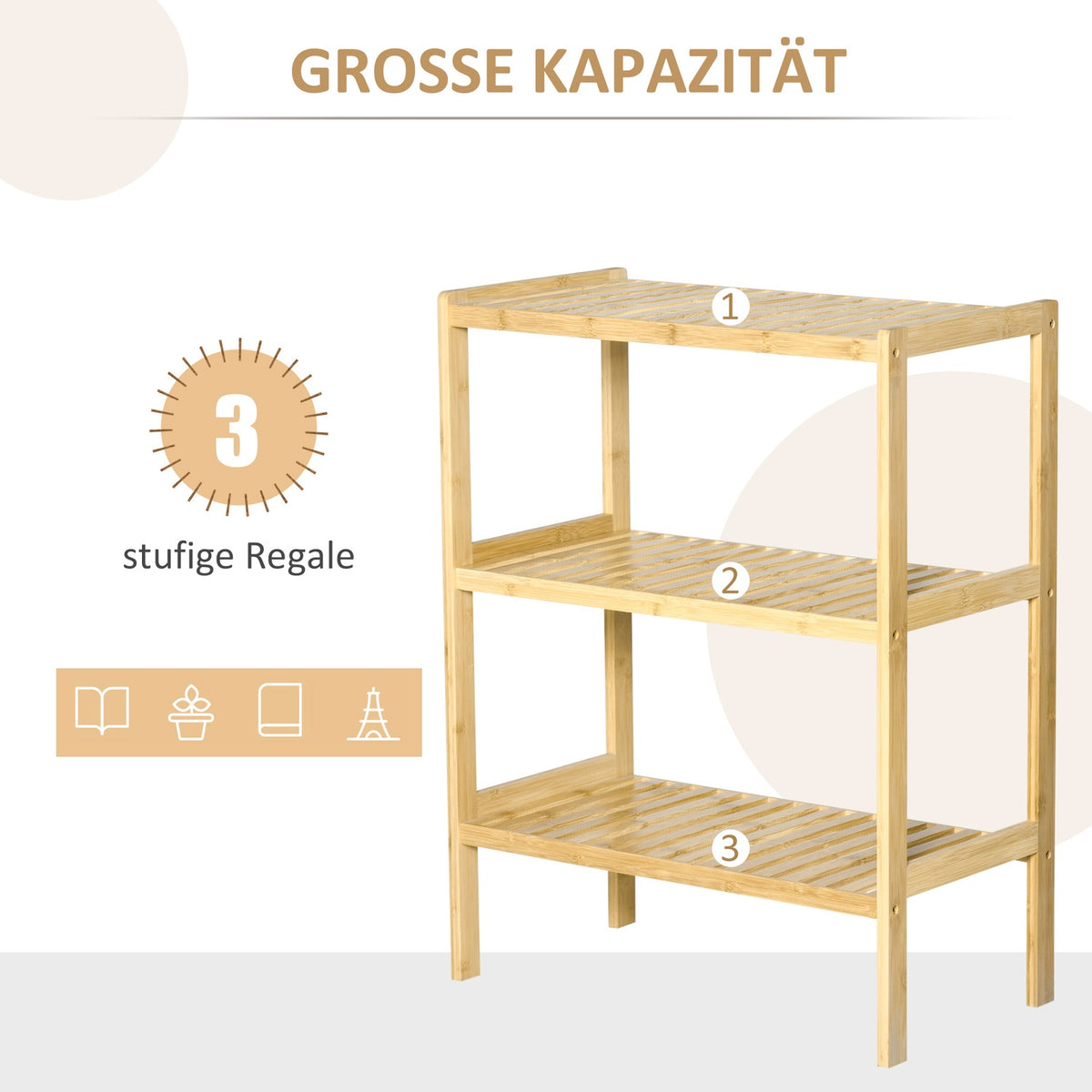 Bathroom shelf, standing shelf with 3 levels, bamboo shelf, kitchen shelf, for bathroom, kitchen, living room, hallway, natural, 62 x 33 x 80 cm