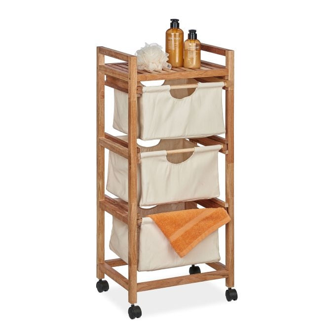 Bathroom shelf with 3 laundry baskets beige