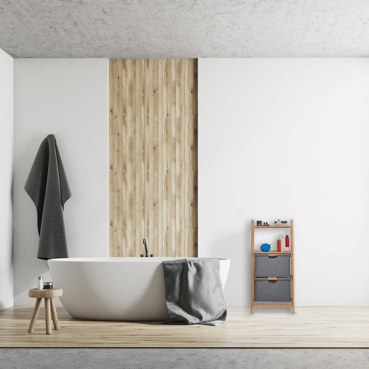 Bathroom shelf with laundry baskets