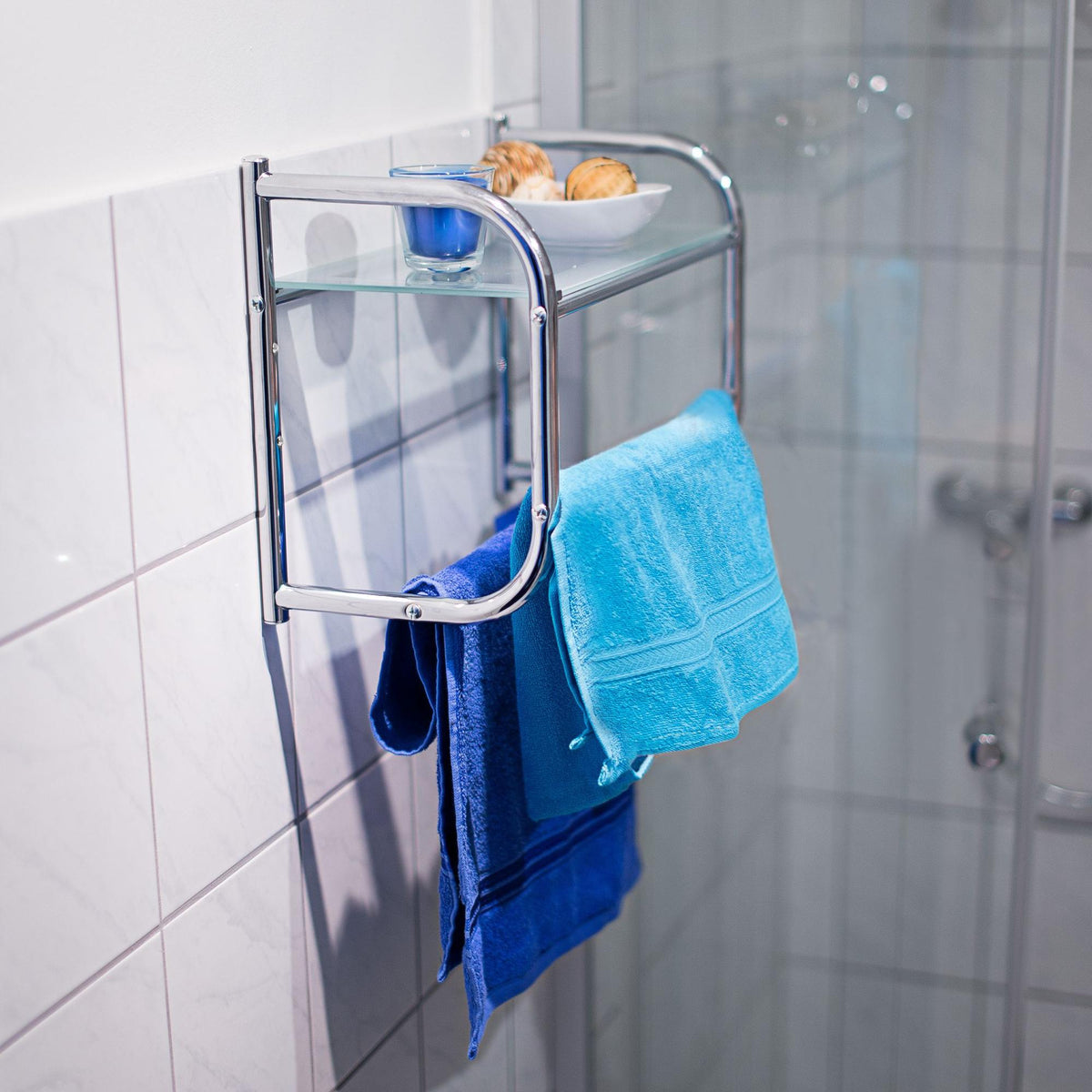 Bathroom shelf with towel rack