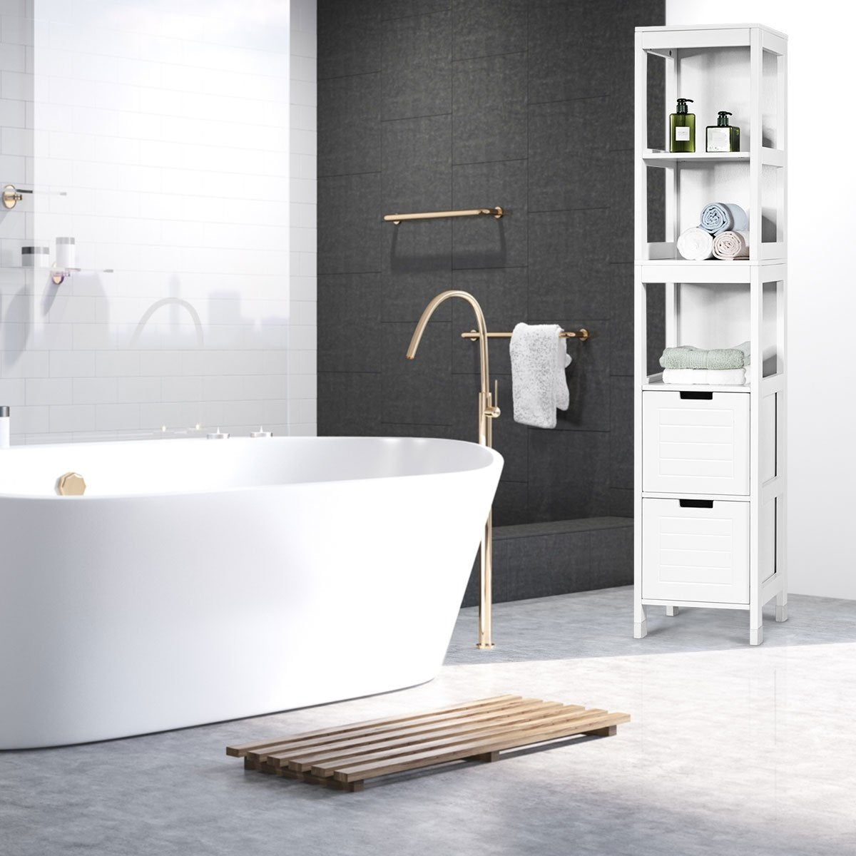 Bathroom tall cabinet bathroom tall cabinet bathroom cabinet with 2 drawers wood white 30 x 30 x 144.5 cm