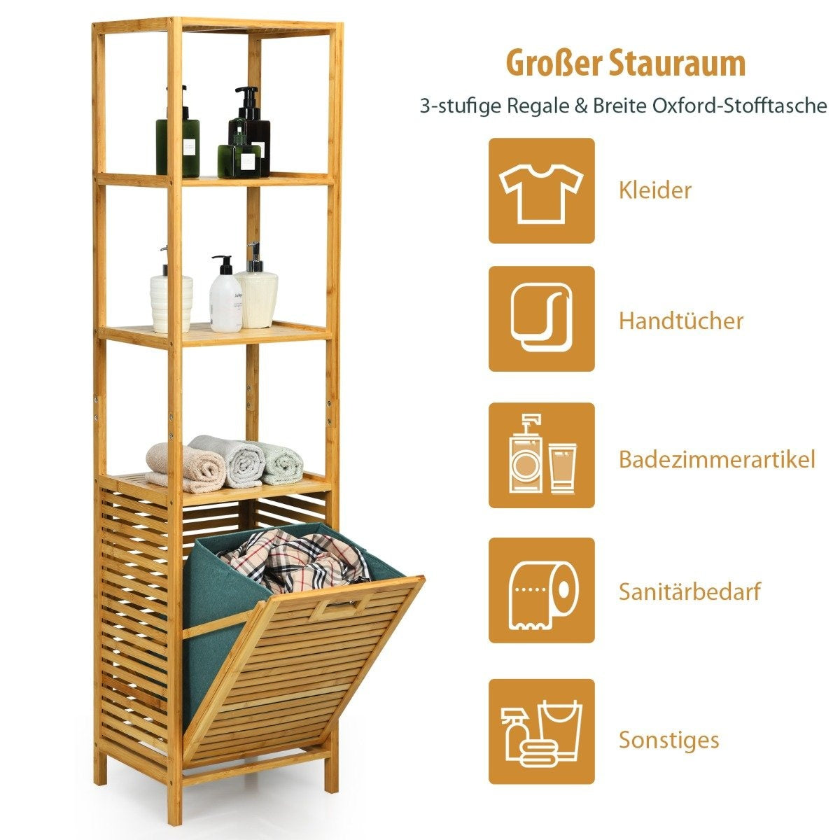 Bathroom tall cabinet with laundry basket made of bamboo with shelves ideal for bathroom 40 x 33 x 160 cm natural