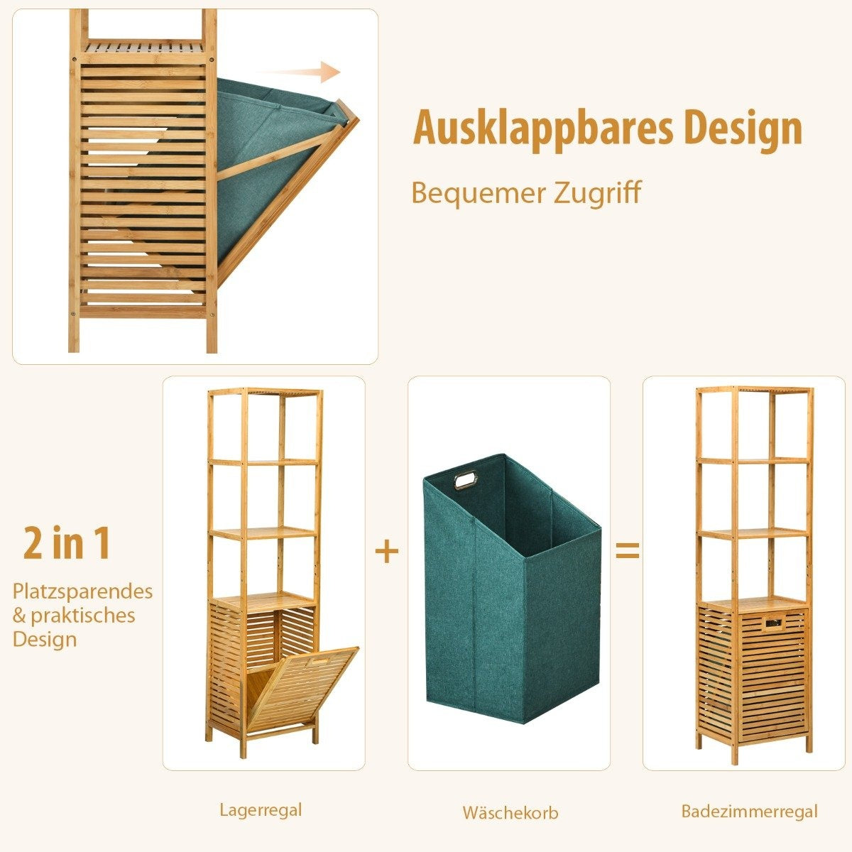 Bathroom tall cabinet with laundry basket made of bamboo with shelves ideal for bathroom 40 x 33 x 160 cm natural