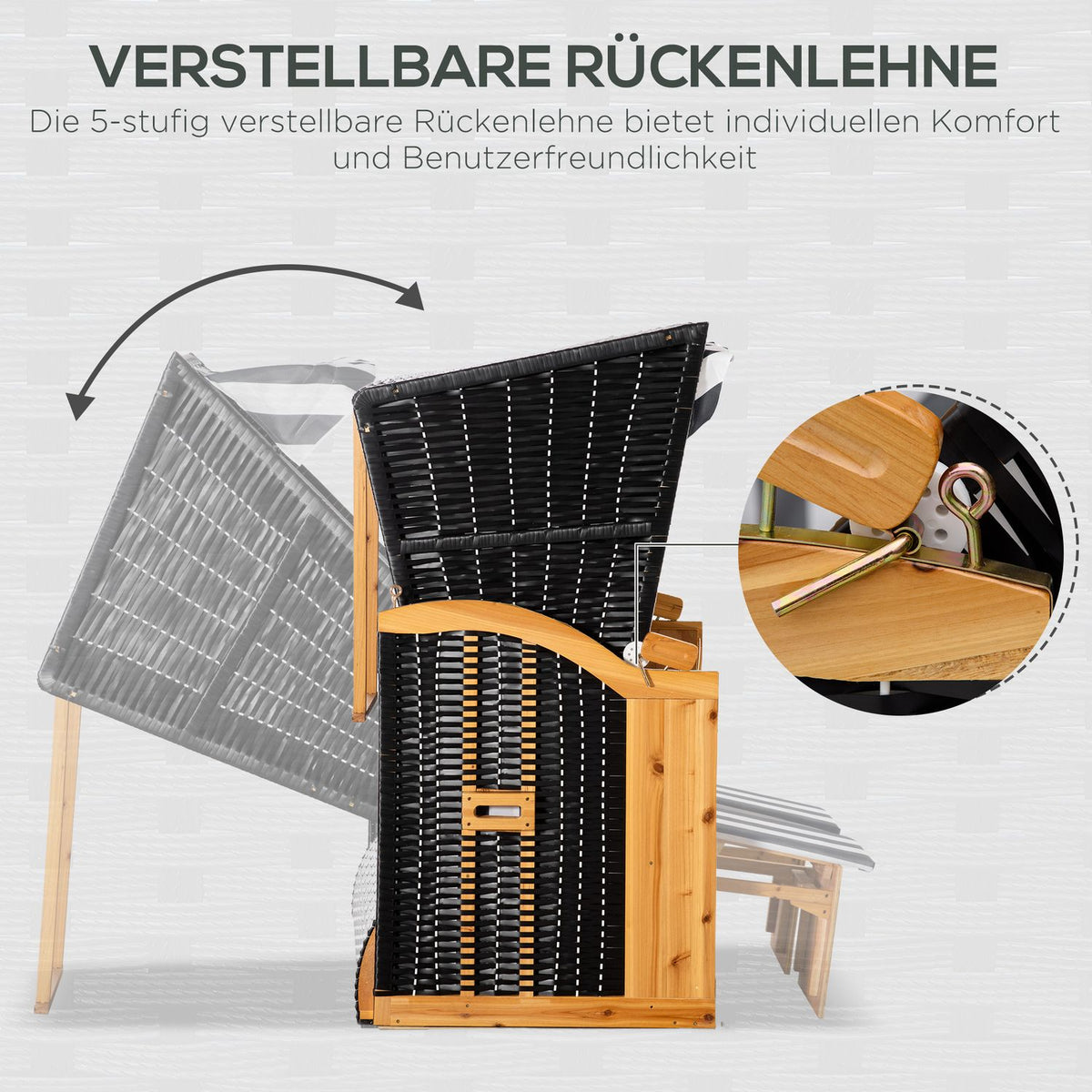 Beach Chair Double Lounger Roof Cup Holder 5-Tier Backrest Pe Rattan Gray + White 118X79X160Cm