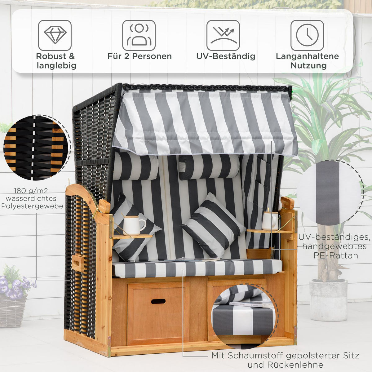 Beach Chair Double Lounger Roof Cup Holder 5-Tier Backrest Pe Rattan Gray + White 118X79X160Cm
