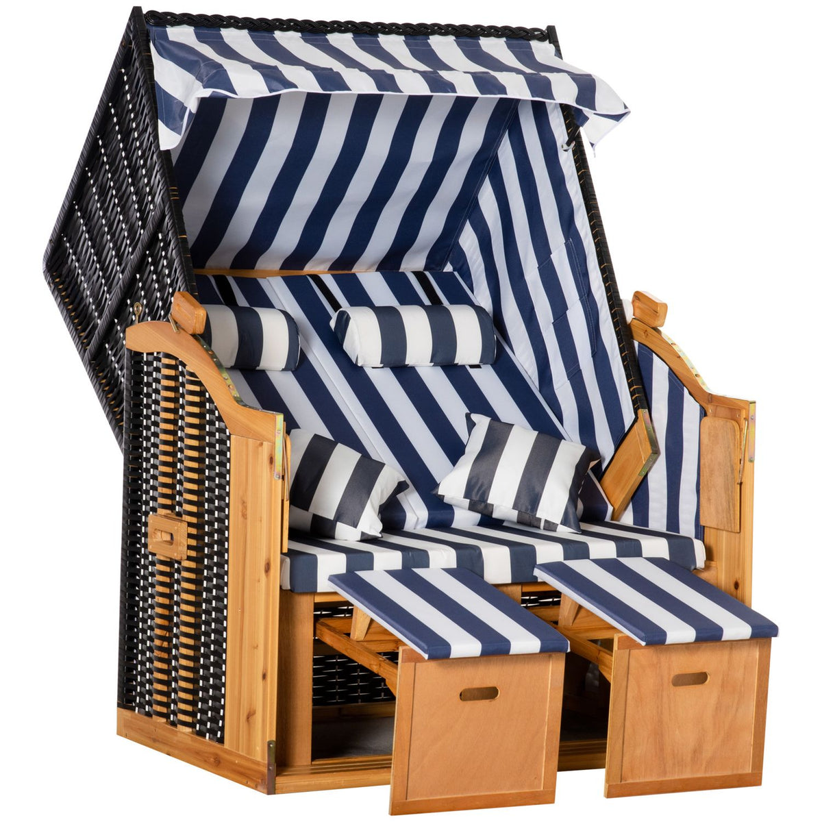 Beach Chair Double Sun Lounger With Roof Double Lounger With Cup Holders Chaise Longue 5 Tier Backrest Pe Rattan 118 X 79 X 160 Cm