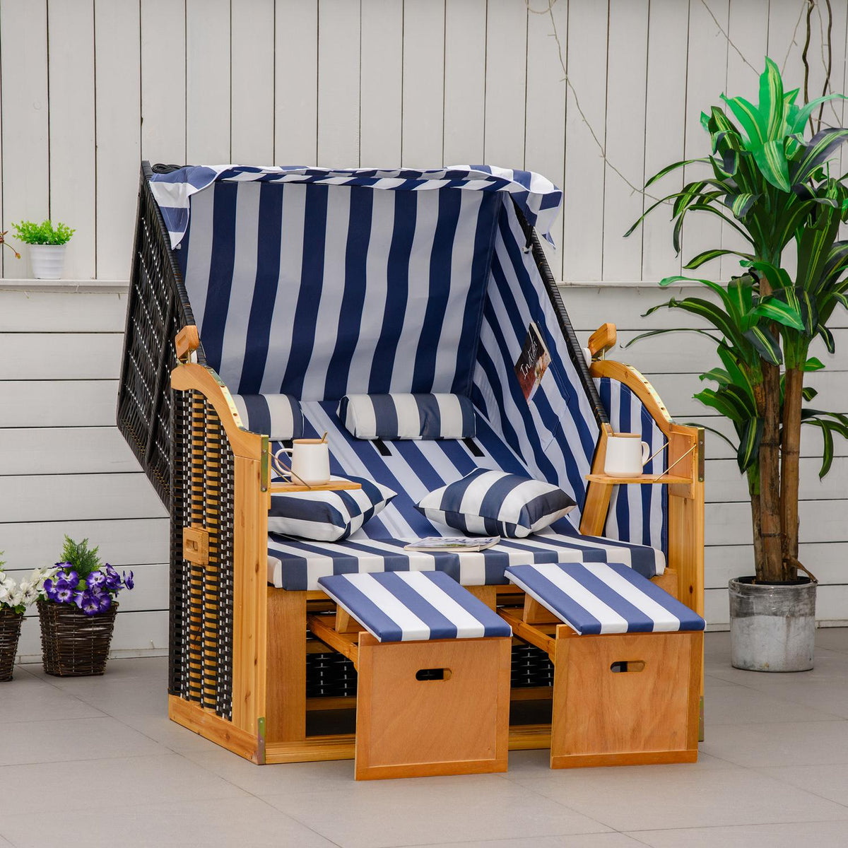 Beach Chair Double Sun Lounger With Roof Double Lounger With Cup Holders Chaise Longue 5 Tier Backrest Pe Rattan 118 X 79 X 160 Cm