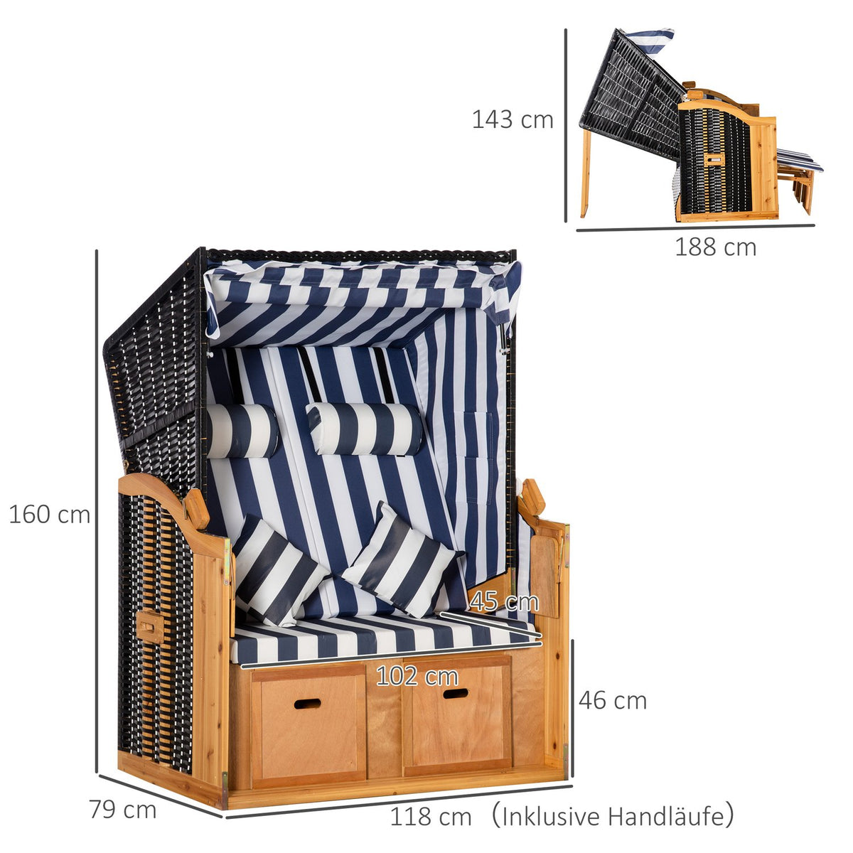 Beach Chair Double Sun Lounger With Roof Double Lounger With Cup Holders Chaise Longue 5 Tier Backrest Pe Rattan 118 X 79 X 160 Cm