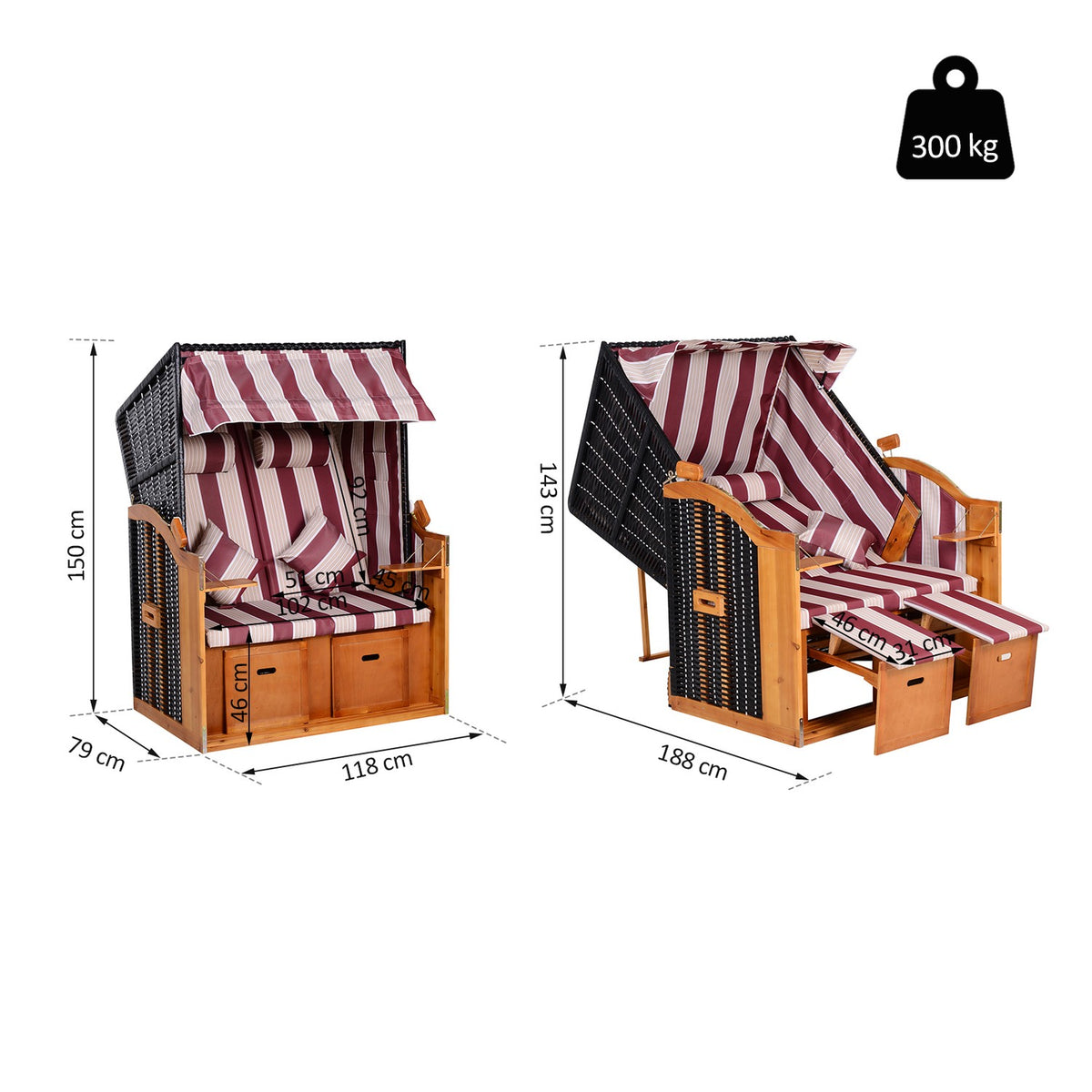 Beach Chair Double Sun Lounger With Roof Double Lounger With Drink Holders Chaise Longue 5-Tier Backrest Pe Rattan Red+White 118X79X160Cm