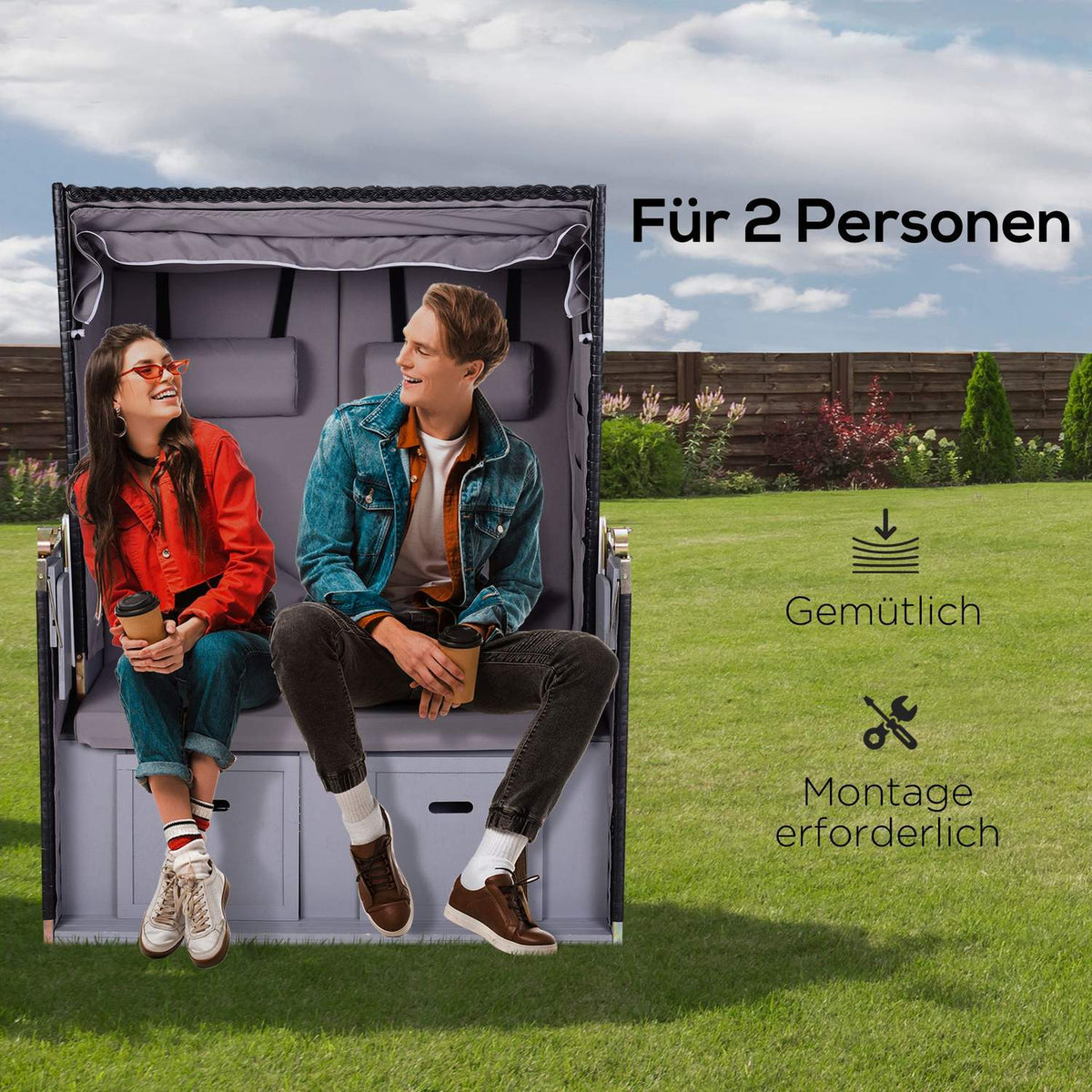 Beach Chair Full Recliner Double Sun Lounger With Roof Garden Lounger Cup Holder Chaise Lounge Pe Rattan Gray 118 X 79 X 50 Cm