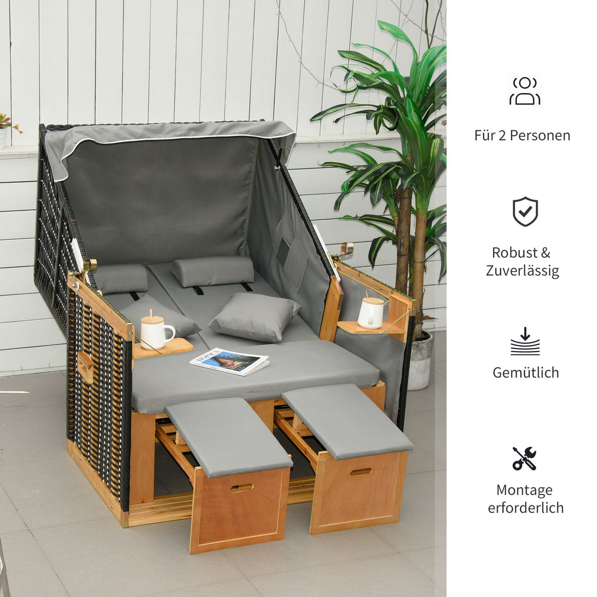 Beach Chair Full Reclining Garden Lounger With Cup Holders, Pe Rattan, Light Gray, 118X79X160Cm