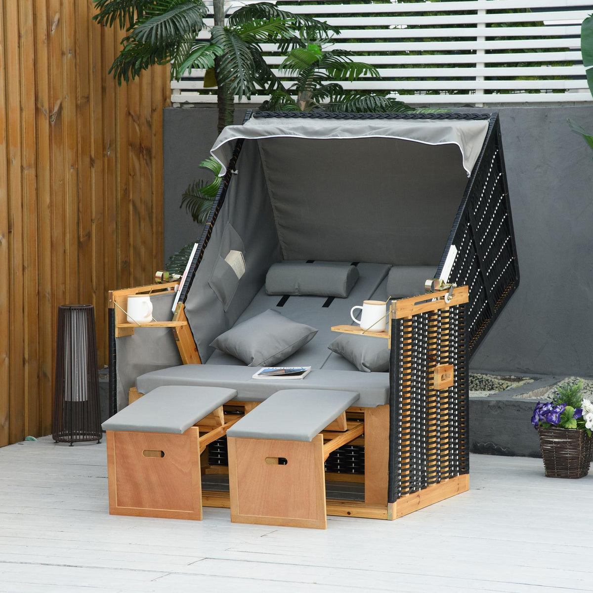 Beach Chair Full Reclining Garden Lounger With Cup Holders, Pe Rattan, Light Gray, 118X79X160Cm