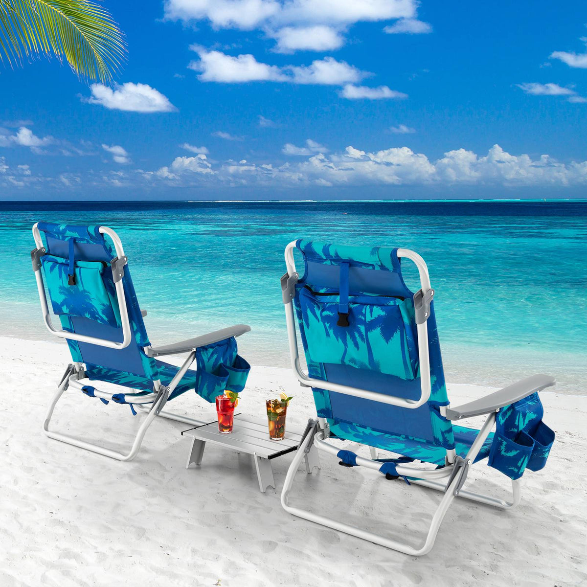 Beach Chair Set, 2 Pack Reclining Backpack Chairs With Table