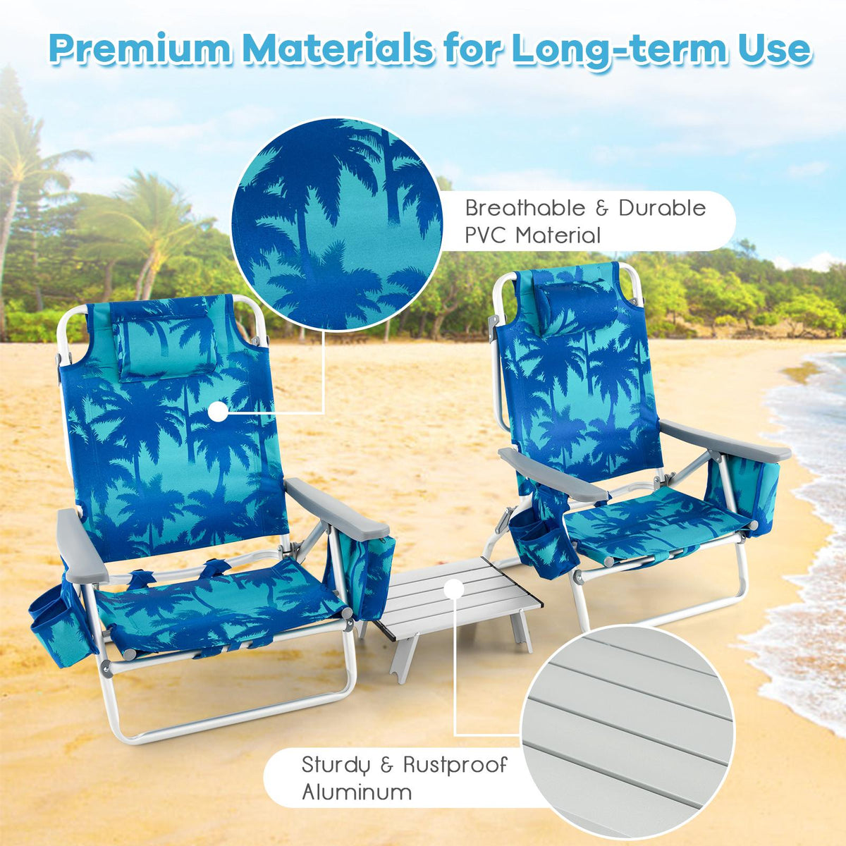 Beach Chair Set, 2 Pack Reclining Backpack Chairs With Table