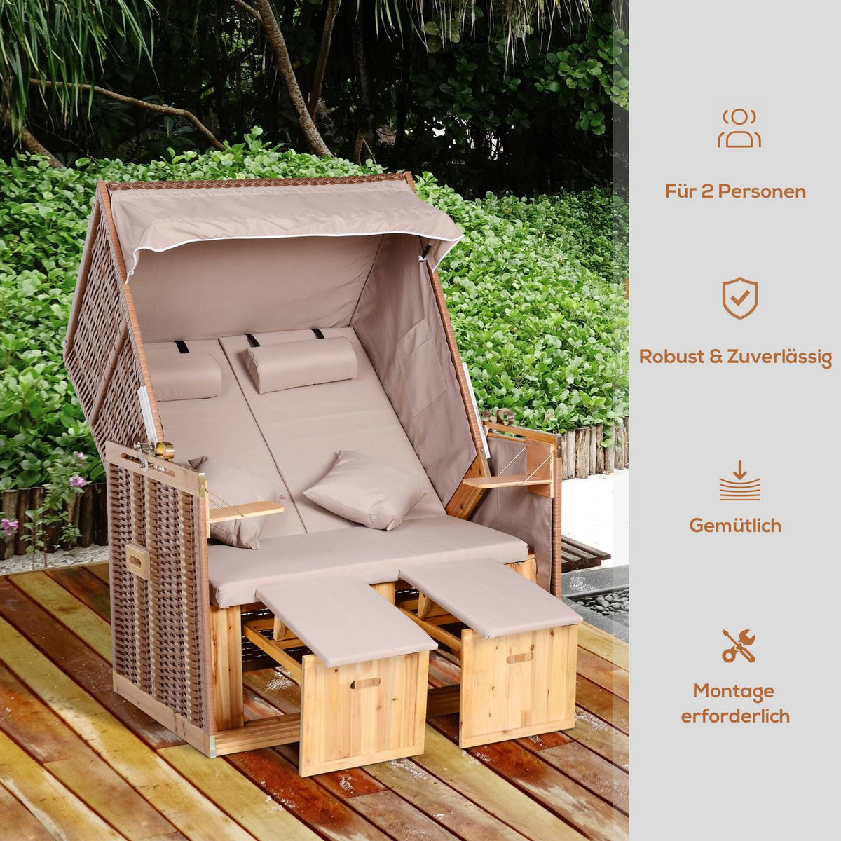 Beach Chair With Stool And Folding Table, Full Lounger, Garden Lounger, Drink Holders, Pe Rattan, Beige, 118 X 79 X 160 Cm