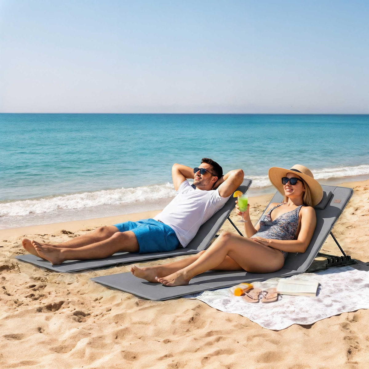 Beach Lounger Set, Adjustable Backrest, Portable, 2-Pack