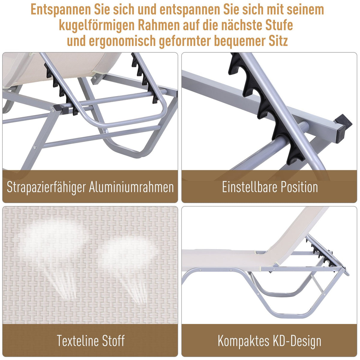 Beach Lounger Sun Lounger 5-Way Adjustable Aluminum Textline Beige 163X58.5X91Cm