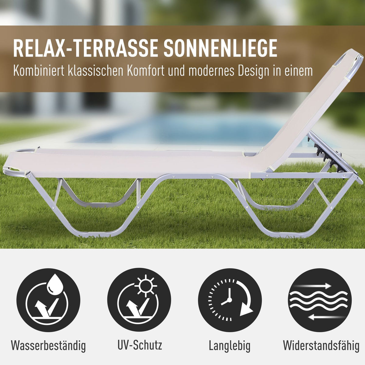 Beach Lounger Sun Lounger 5-Way Adjustable Aluminum Textline Beige 163X58.5X91Cm
