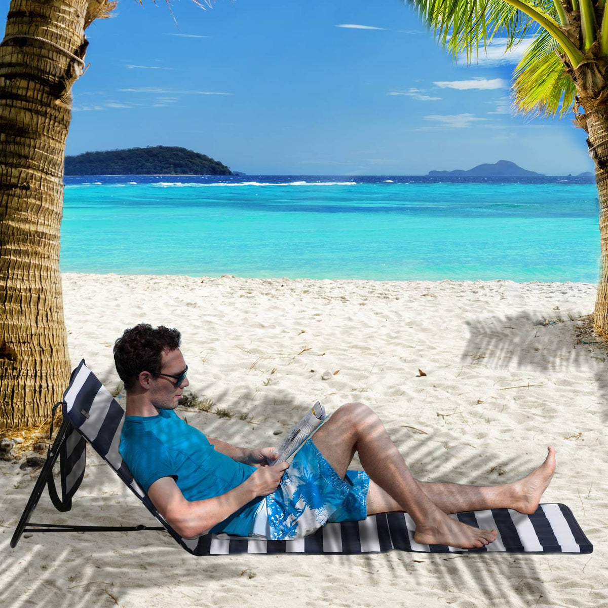 Beach Mat Set Of 2 Foldable Adjustable Carry Bag Magazine Bag Steel Oxford Blue + White