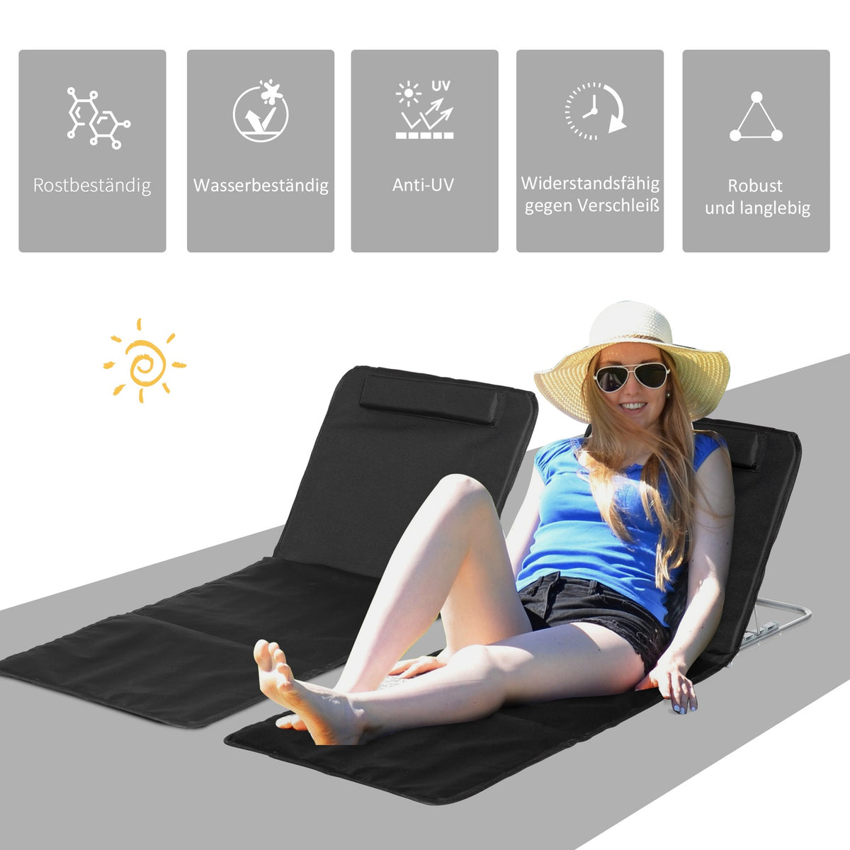 Beach Mat, Set Of 2 Foldable Beach Mattress, 5 Level Height Adjustable Beach Lounger With Carry Bag, Steel, Black, 134 X 48 X 33-43 Cm