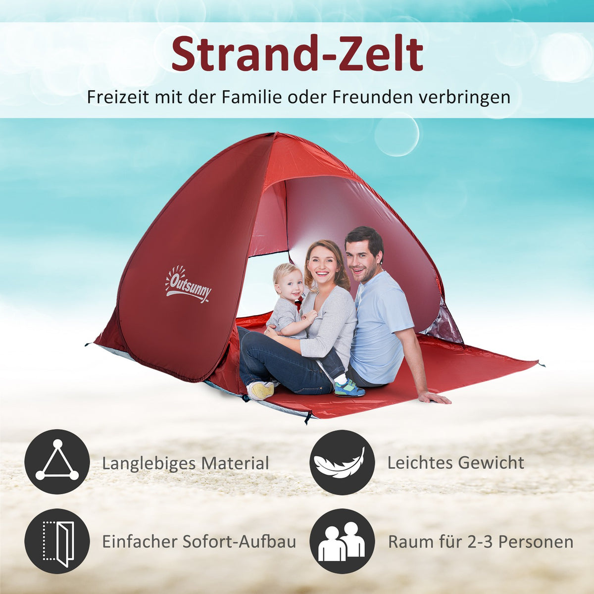 Beach Shelter Quick Assembly Beach Tent Pop Up Tent, Automatic, Polyester, Red, 200X150X119Cm