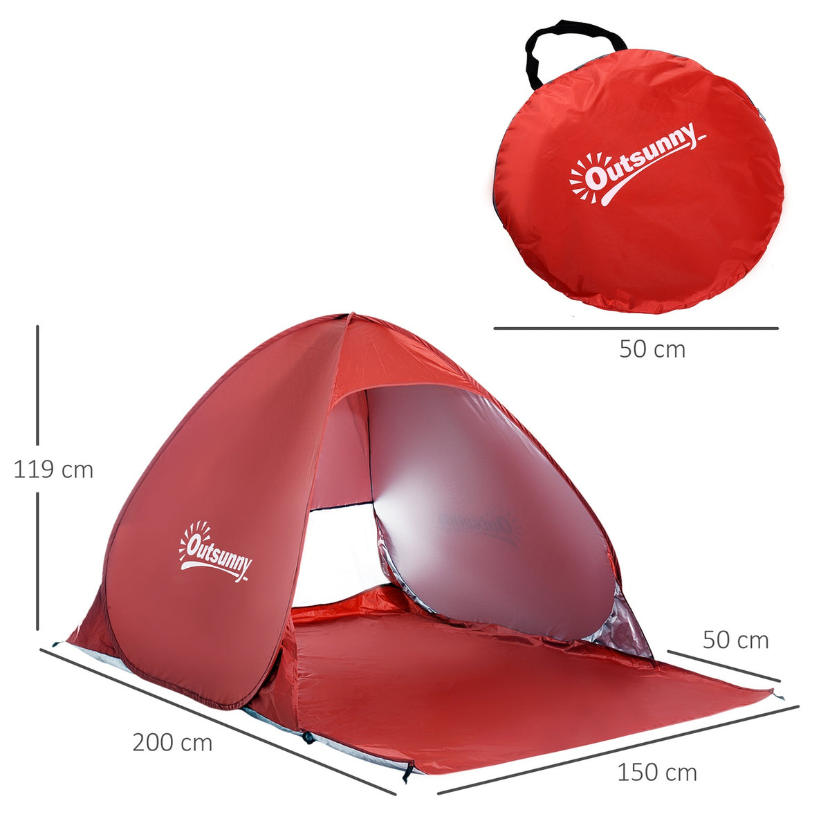 Beach Shelter Quick Assembly Beach Tent Pop Up Tent, Automatic, Polyester, Red, 200X150X119Cm