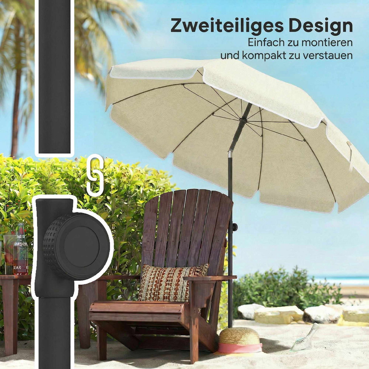Beach Umbrella Ø150 cm, Adjustable Tilt, Sand Anchor, Beige