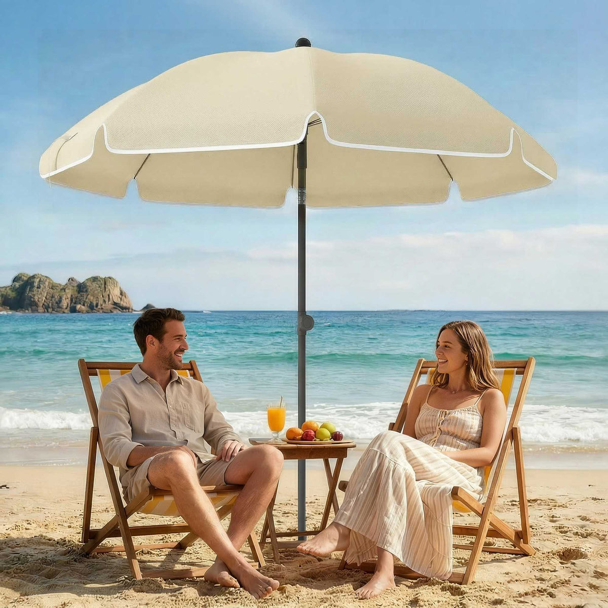Beach Umbrella Ø150 cm, Adjustable Tilt, Sand Anchor, Beige