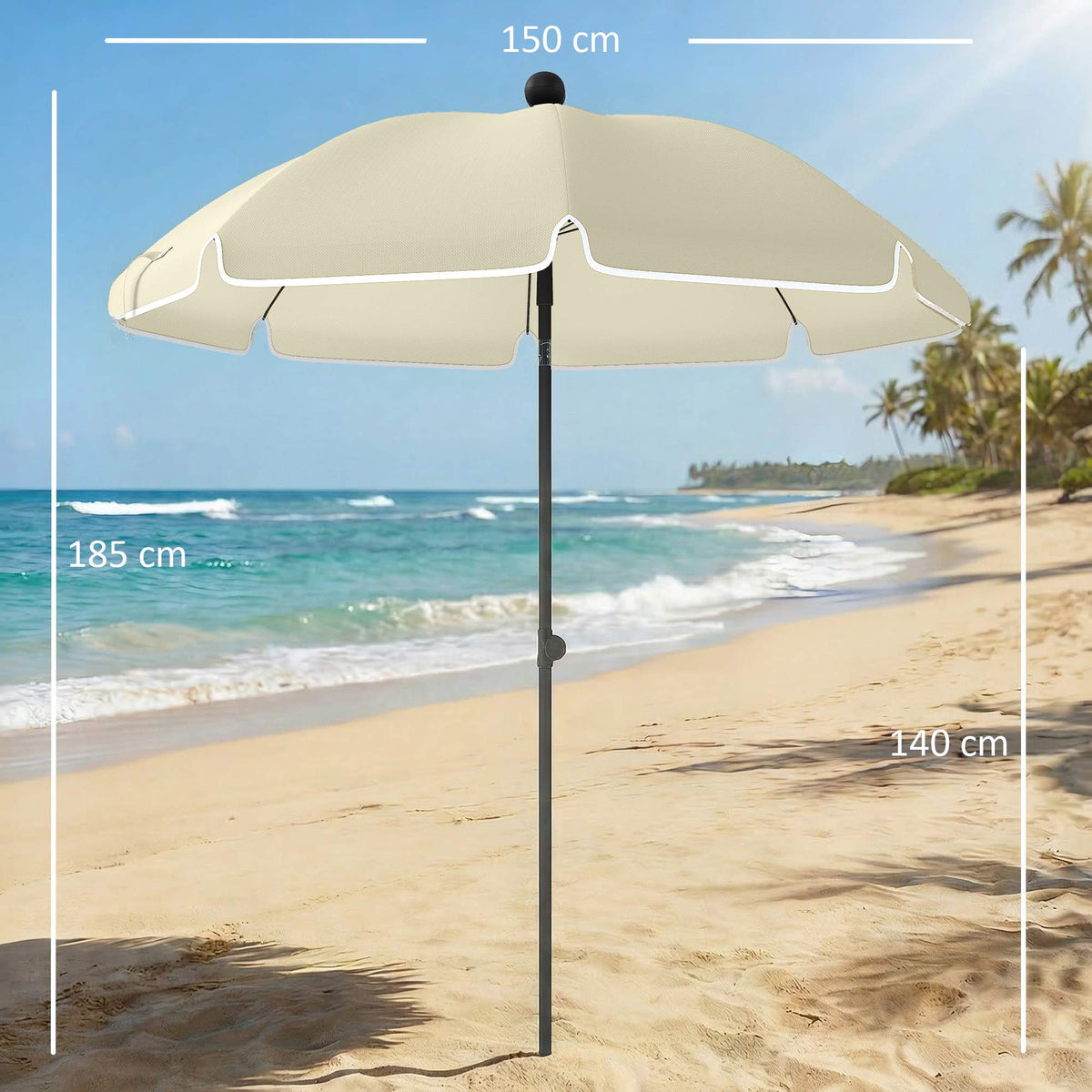 Beach Umbrella Ø150 cm, Adjustable Tilt, Sand Anchor, Beige