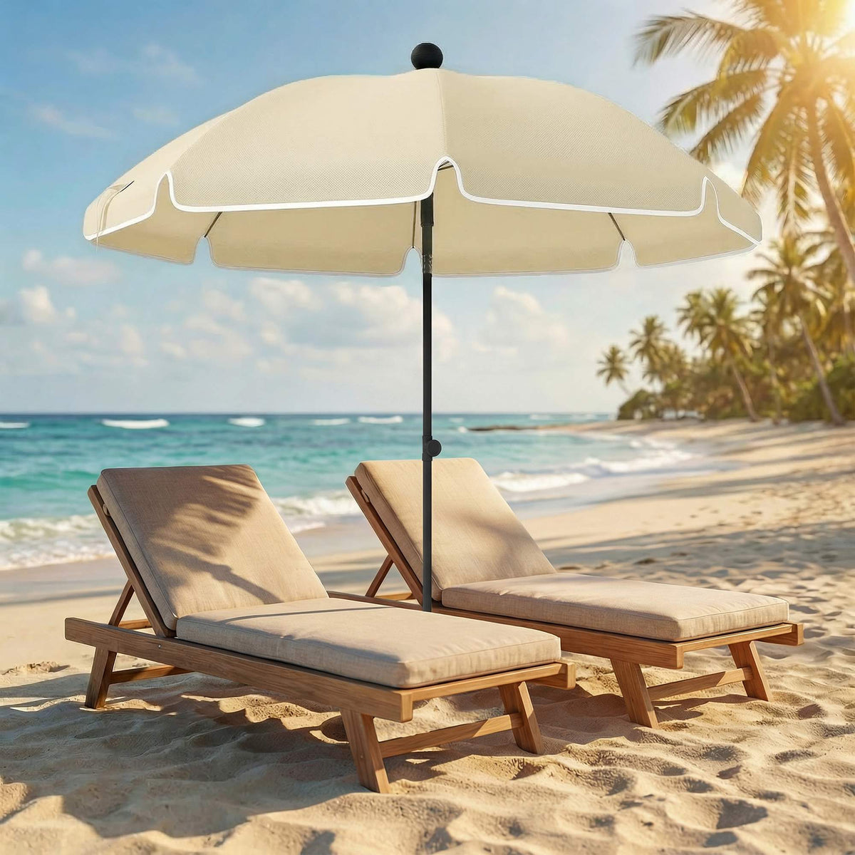 Beach Umbrella Ø150 cm, Adjustable Tilt, Sand Anchor, Beige