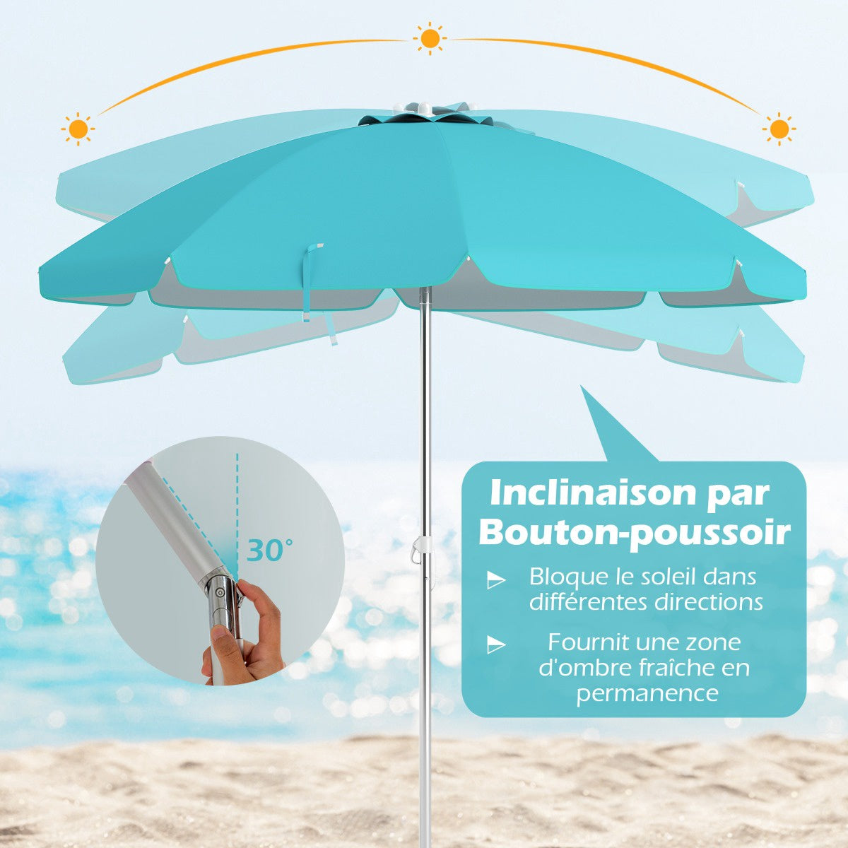 Beach Umbrella 198cm, Push-Button Tilt, Sand Anchor Bag