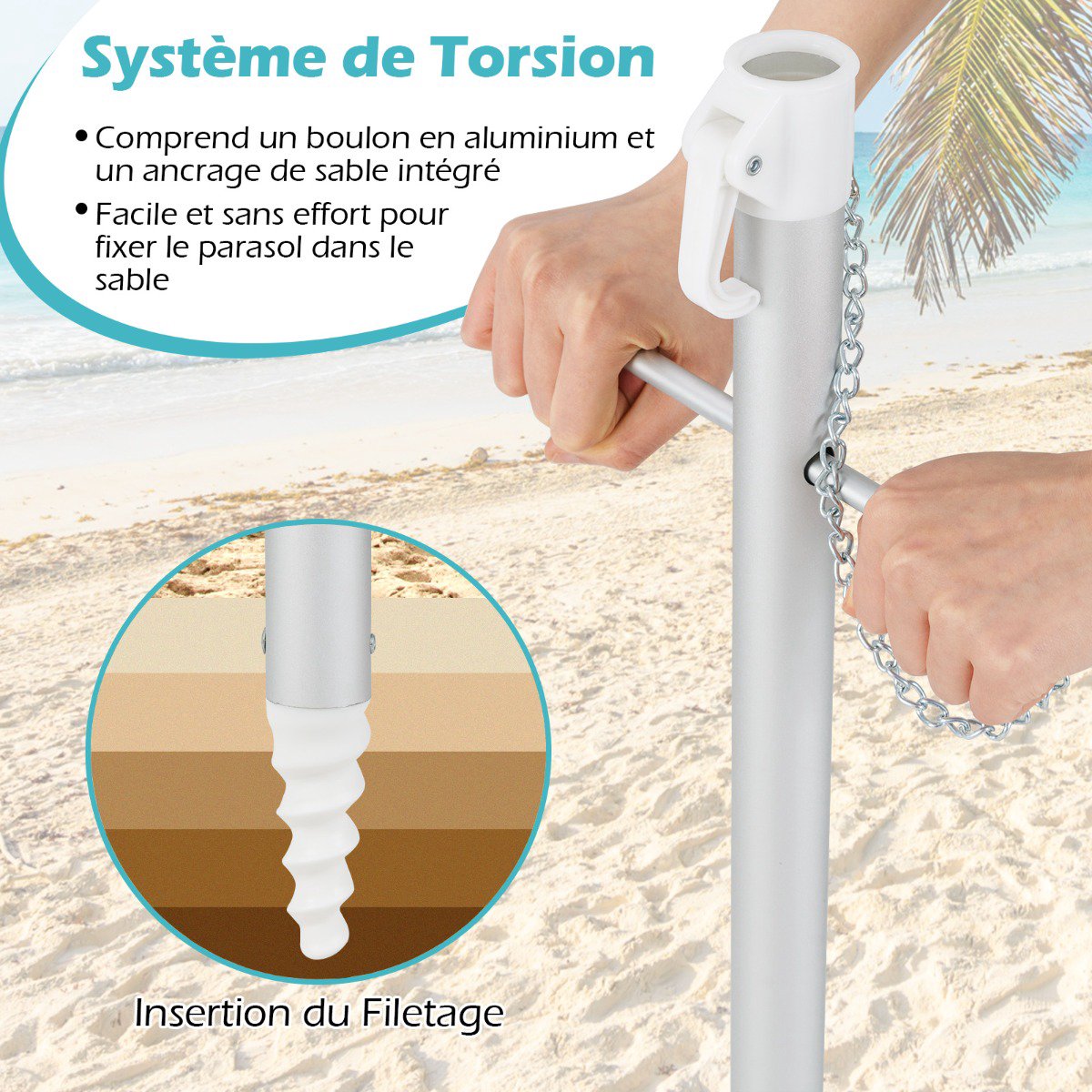 Beach Umbrella 198cm, Push-Button Tilt, Sand Anchor Bag