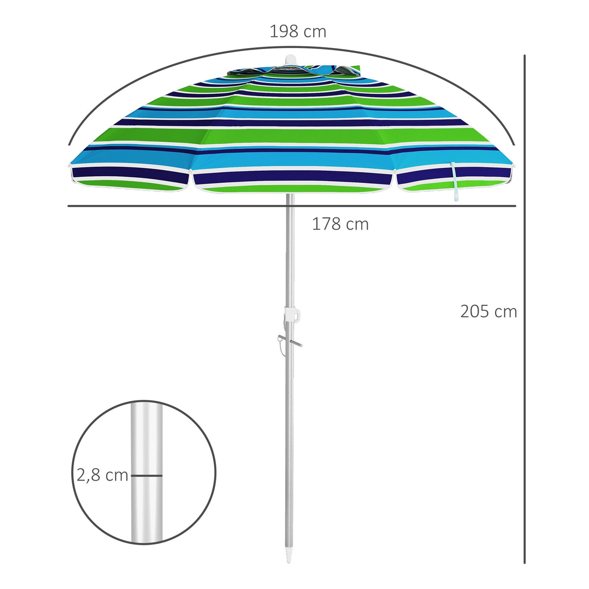 Beach Umbrella, UV 40+ Protection, Adjustable Height