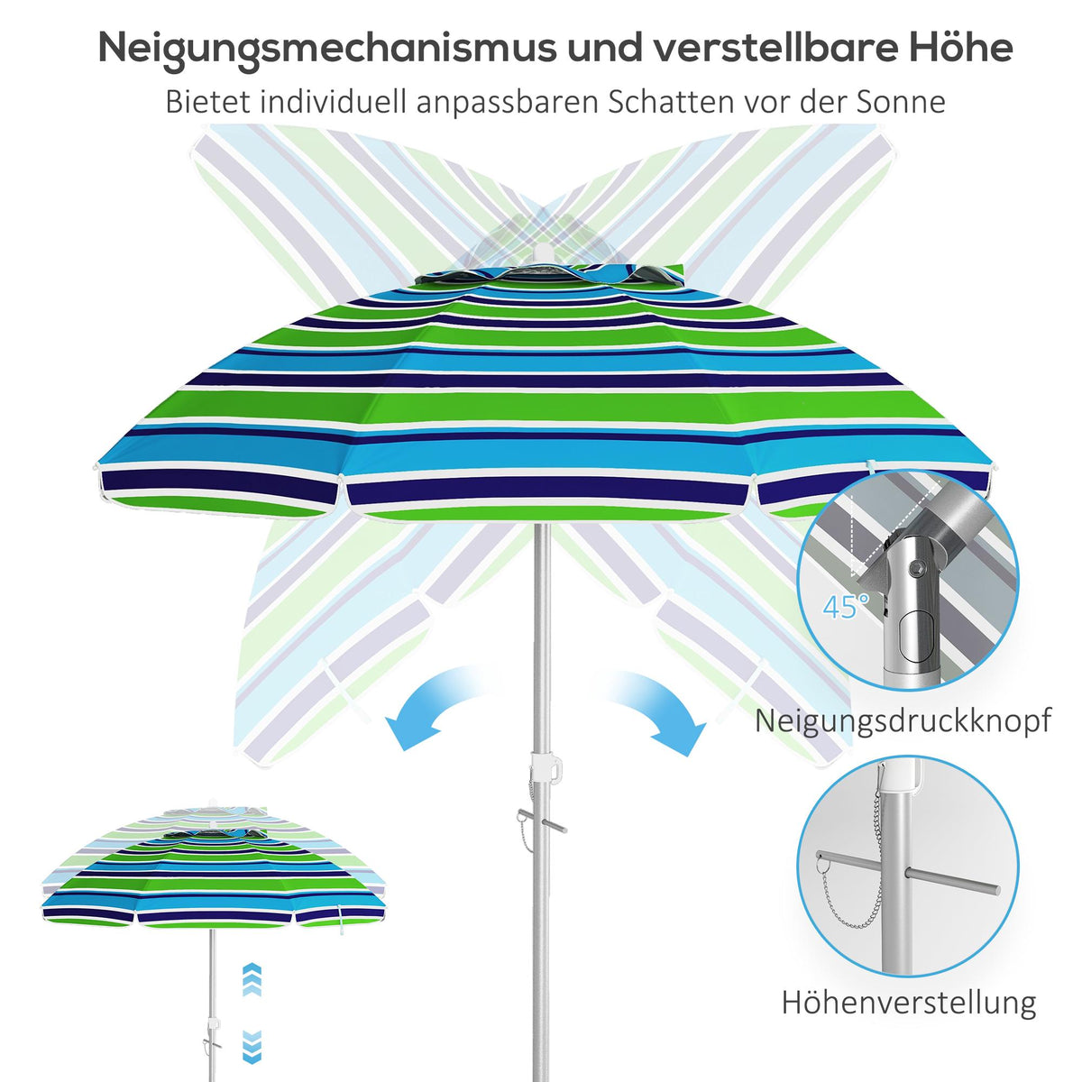 Beach Umbrella, UV 40+ Protection, Adjustable Height
