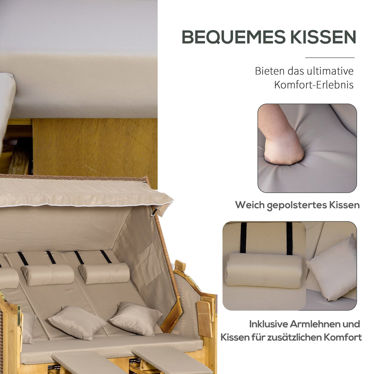 Beach chair 3-seater sun lounger with roof and 2 folding tables, footrest, XXL polyrattan natural, 150x79x160cm for garden & terrace |.de