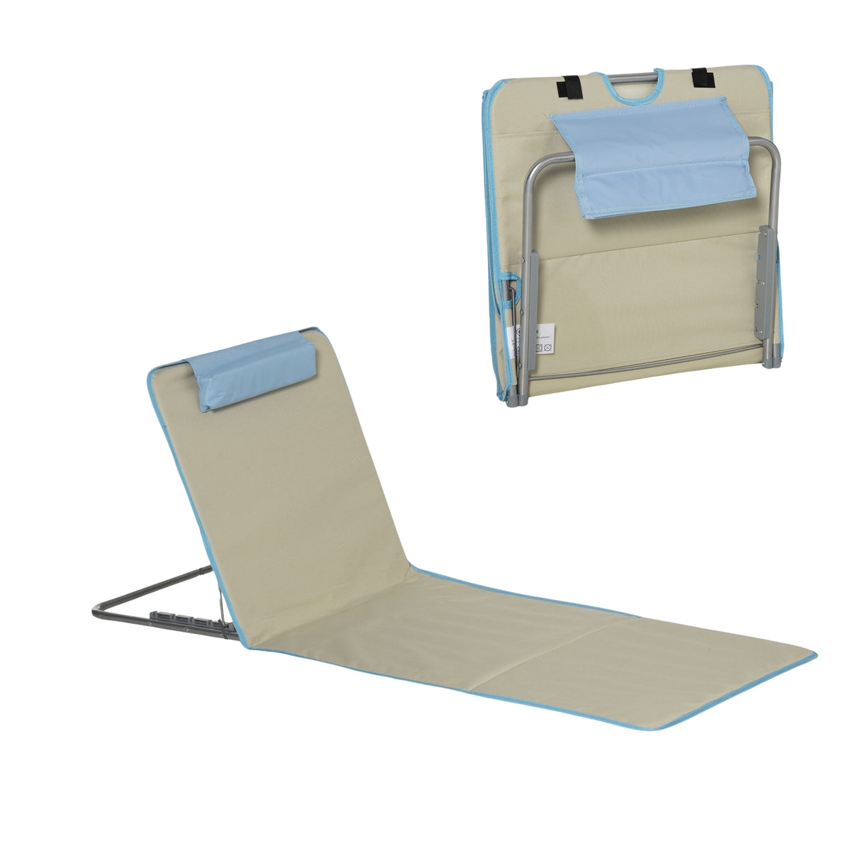 Beach mat, set of 2 foldable beach loungers with pillows, 5-level height-adjustable beach mattress with carry bag, steel, beige, 134 x 48 x 33-43 cm