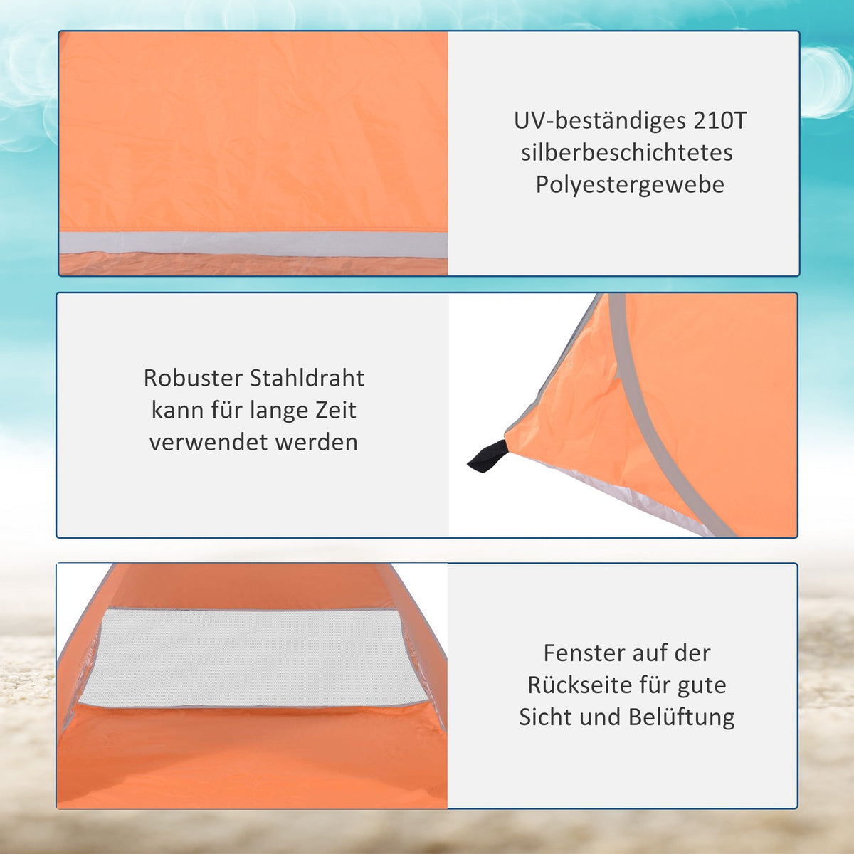 Beach tent pop-up automatic UV protection rear window large floor carpet orange