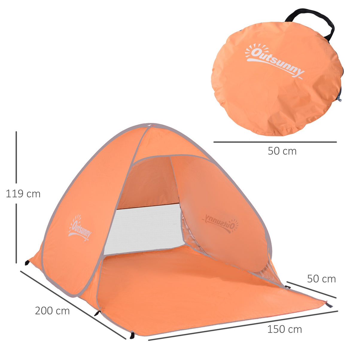 Beach tent pop-up automatic UV protection rear window large floor carpet orange
